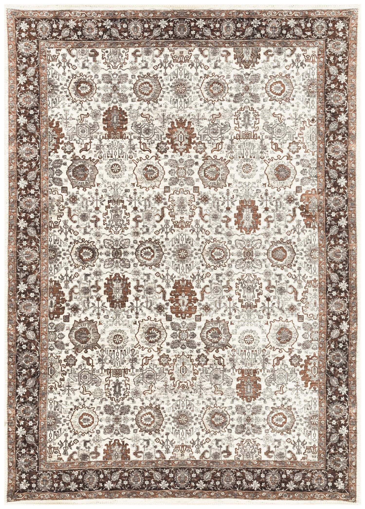 Sultanabad Ziegler-style Persian area rug in ivory and brown with all-over palmette design