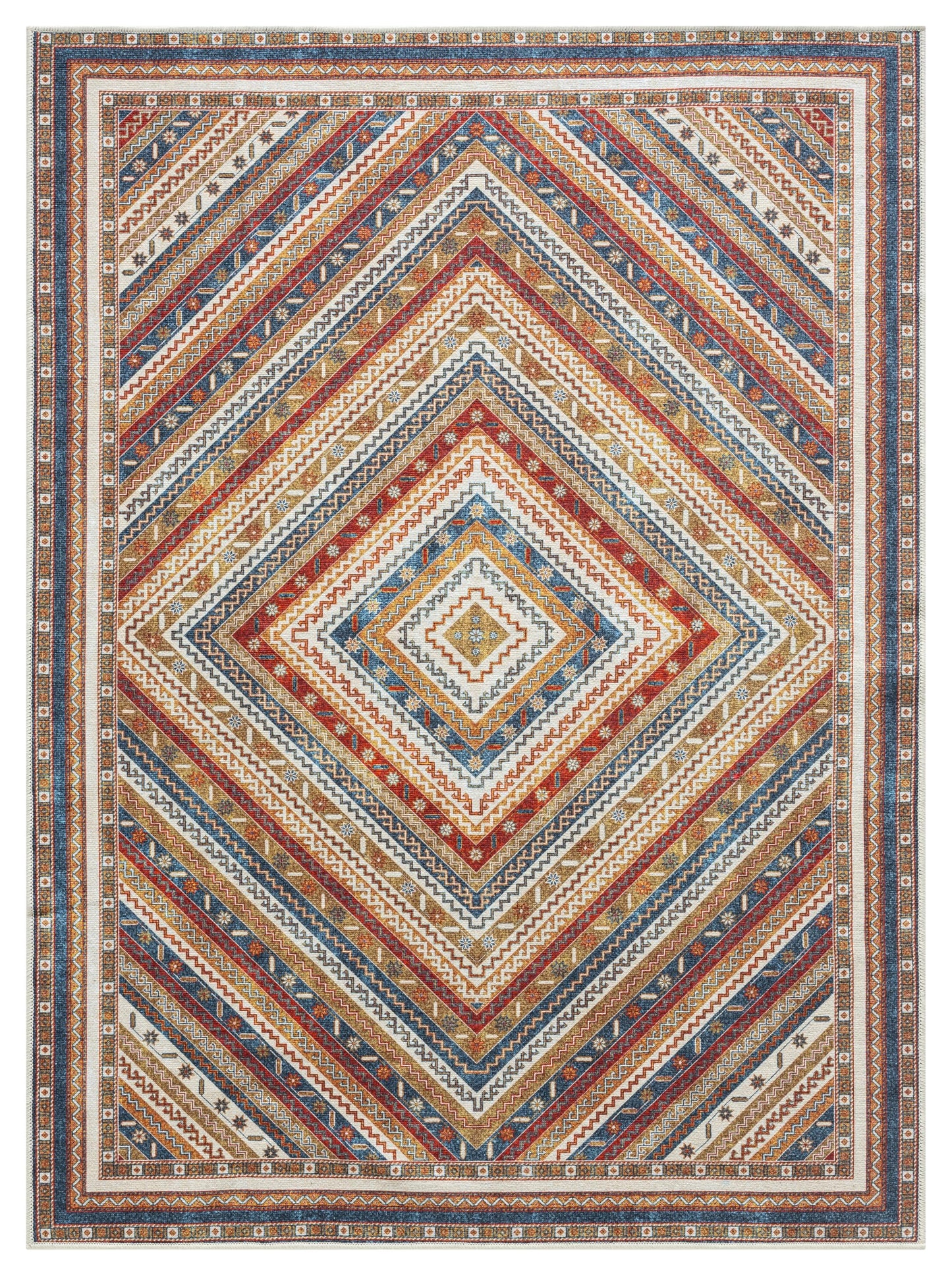 Diamond burst Khotan-inspired area rug in cream with multicolor concentric bands