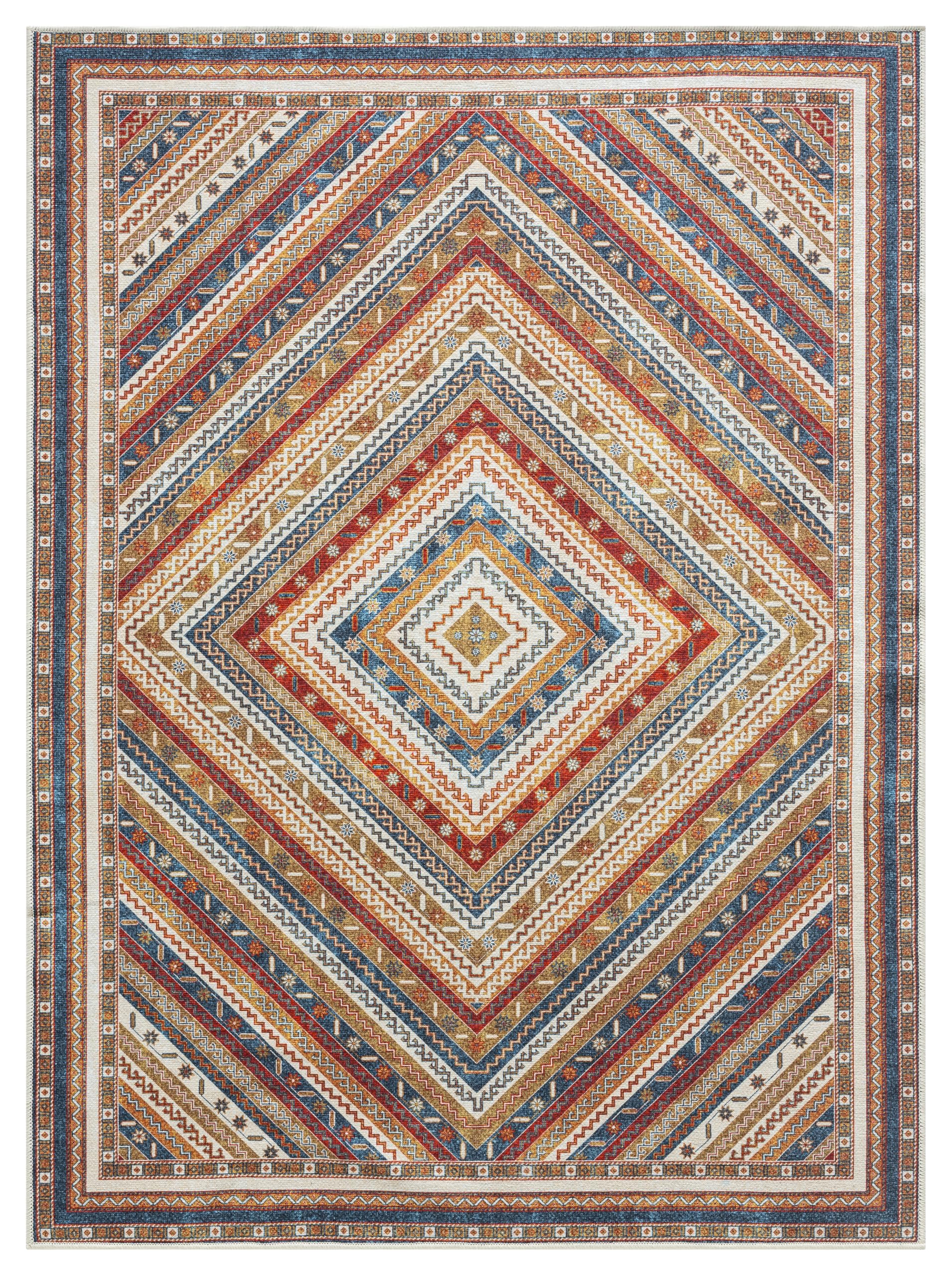 Diamond burst Khotan-inspired area rug in cream with multicolor concentric bands