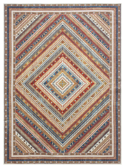 Diamond burst Khotan-inspired area rug in cream with multicolor concentric bands