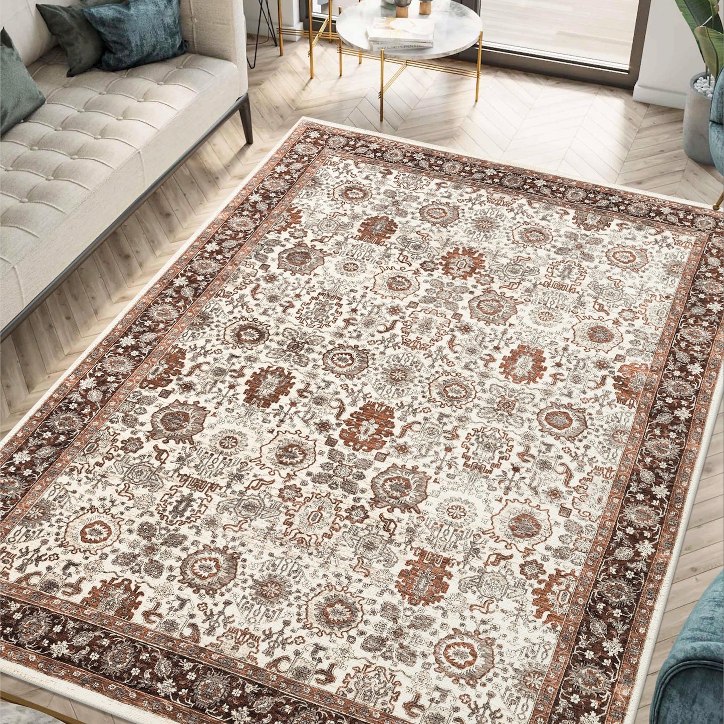 Ivory Sultanabad rug styled in a designer warm-traditional living room