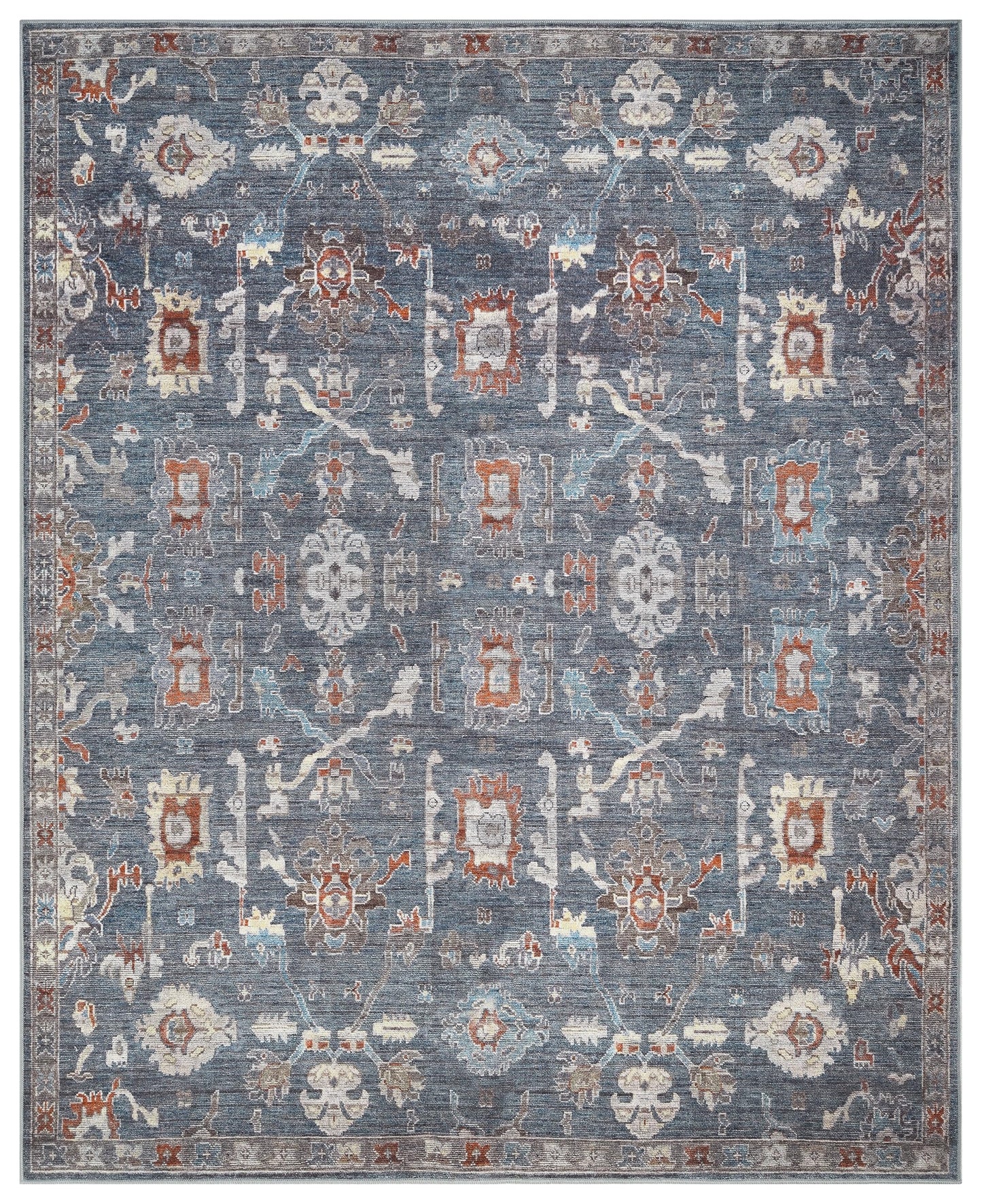 Top-down view of the charcoal and cream antique Farahan Persian rug