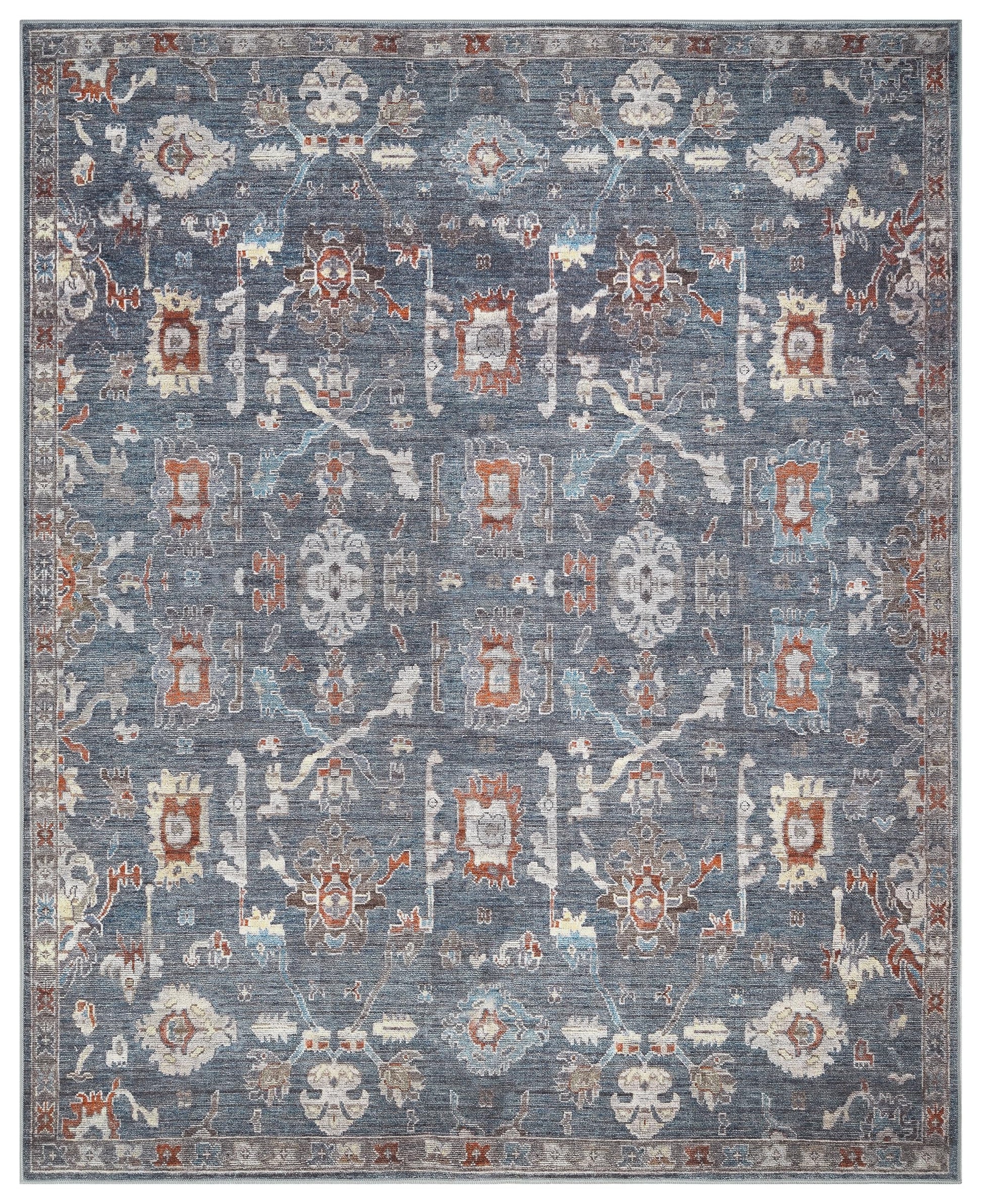 Top-down view of the charcoal and cream antique Farahan Persian rug