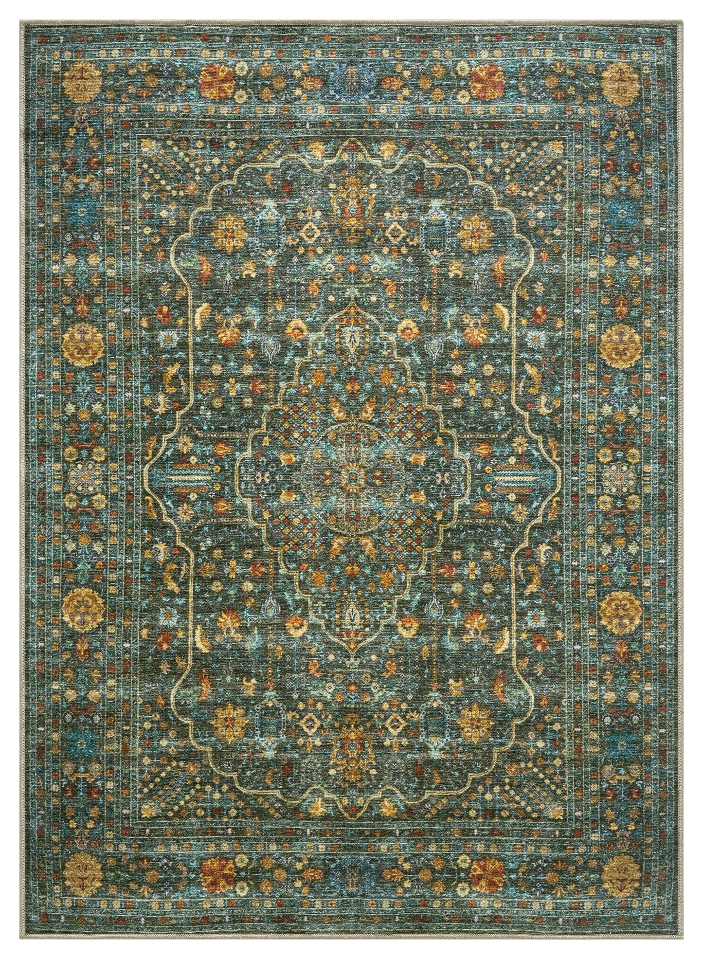Antique Esfahan Persian area rug in forest green and gold with shaped medallion