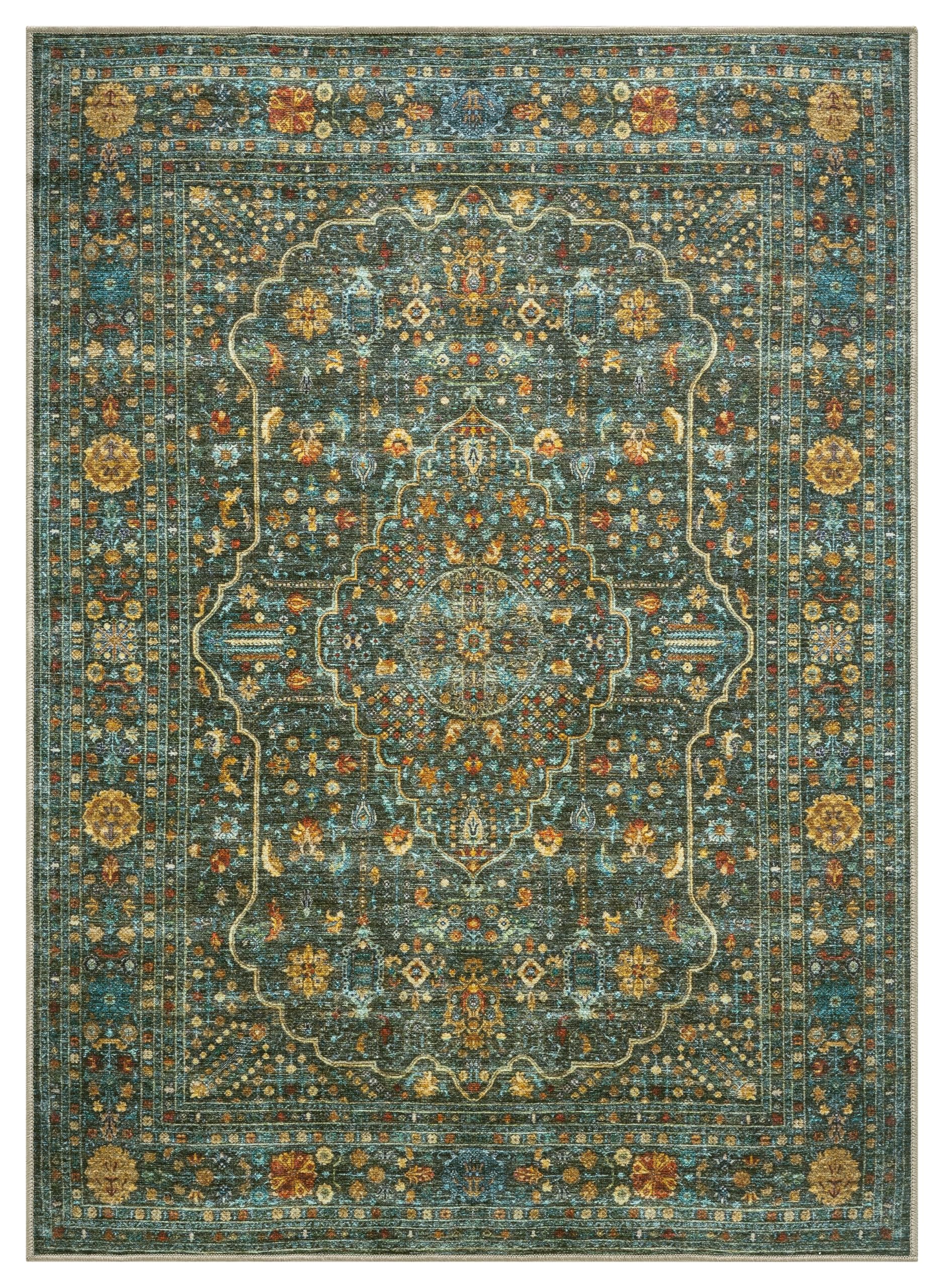 Antique Esfahan Persian area rug in forest green and gold with shaped medallion