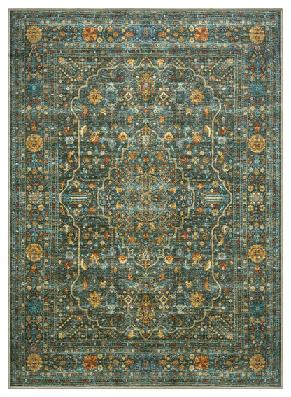 Antique Esfahan Persian area rug in forest green and gold with shaped medallion