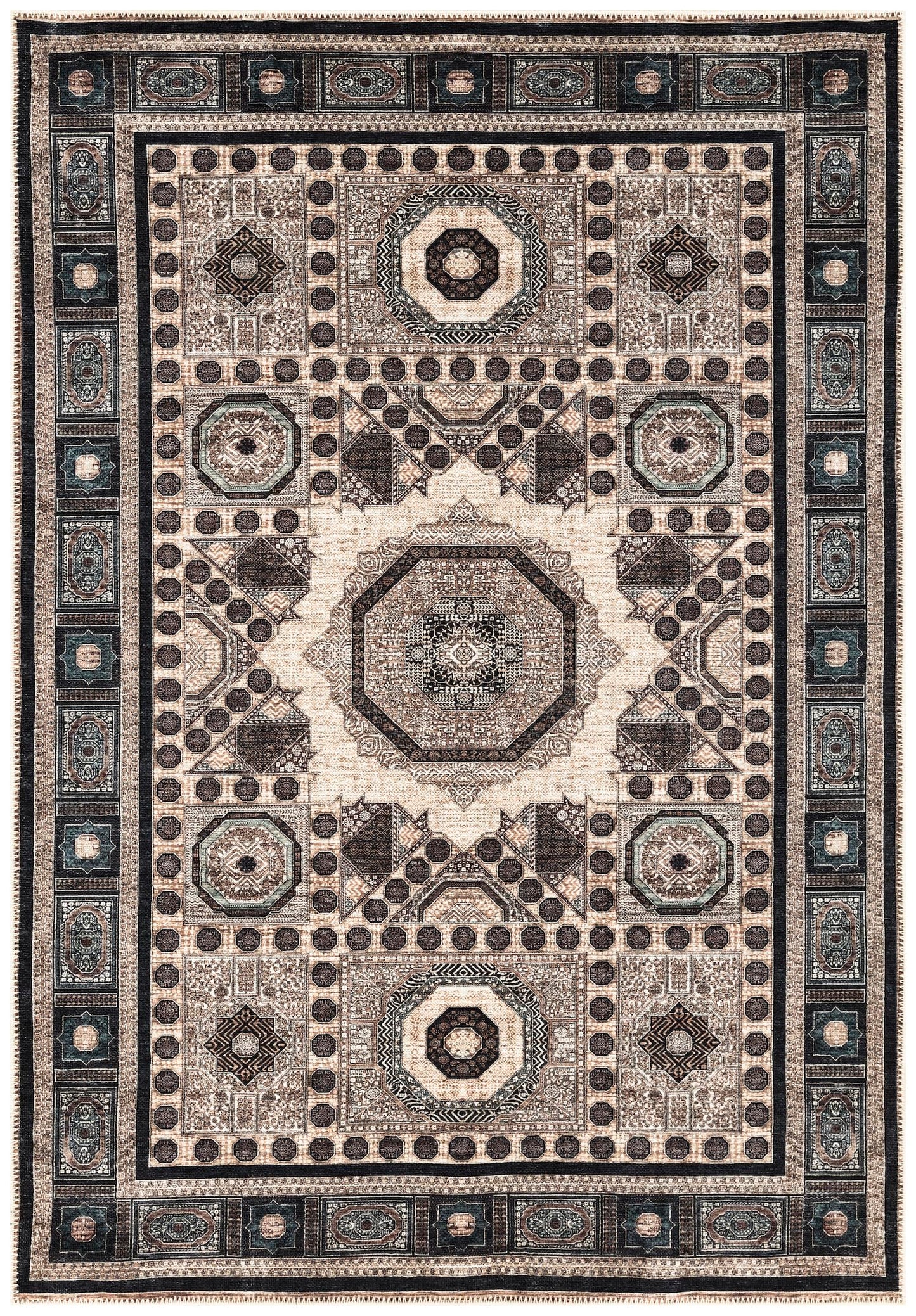 Mamluk-style area rug in beige and indigo with sultanate octagonal medallions