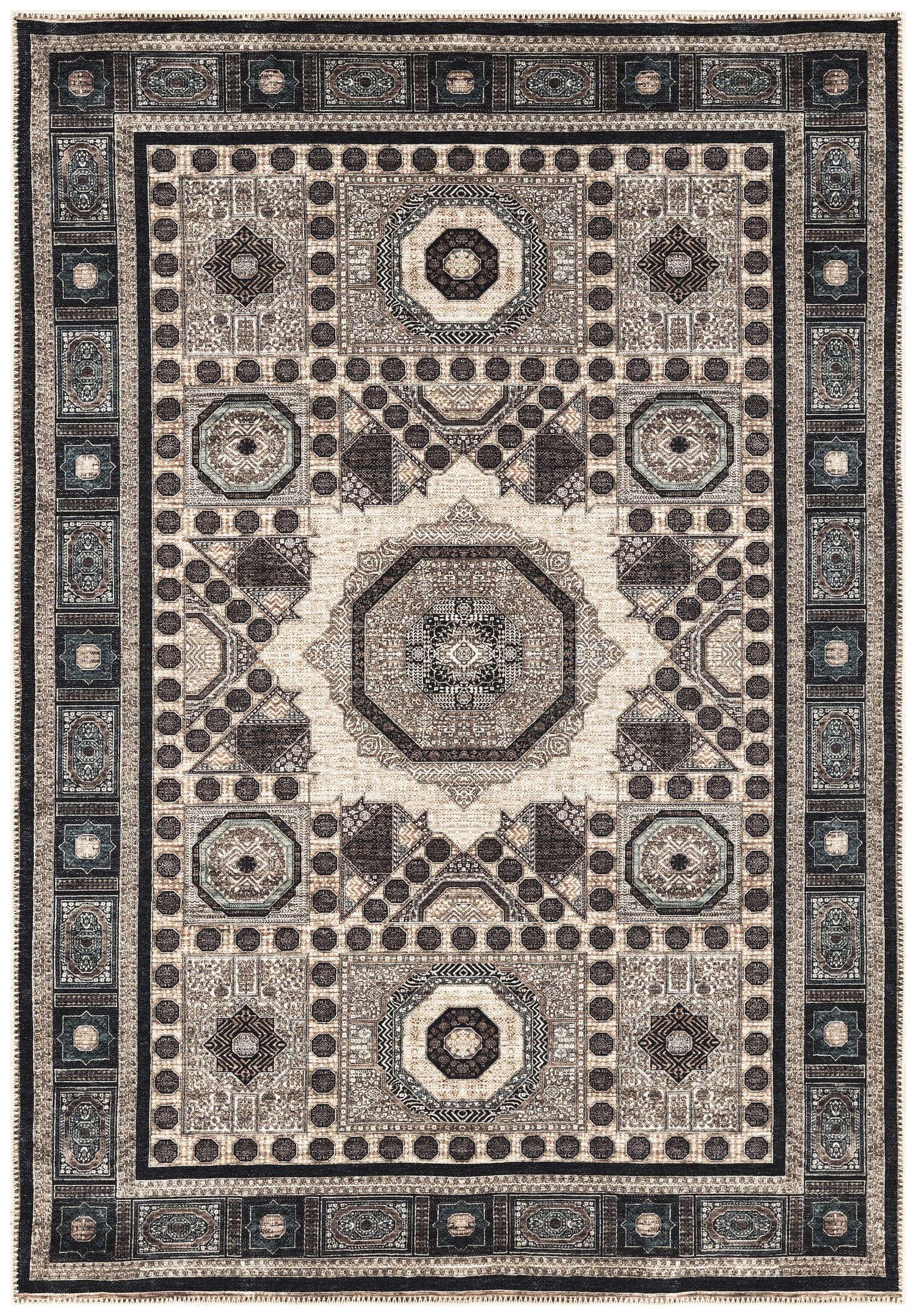 Mamluk-style area rug in beige and indigo with sultanate octagonal medallions
