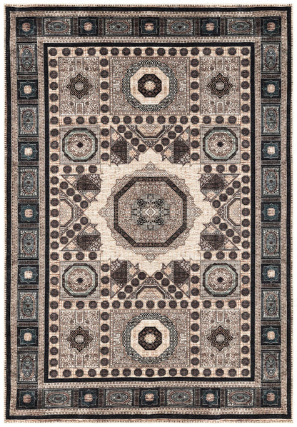 Mamluk-style area rug in beige and indigo with sultanate octagonal medallions