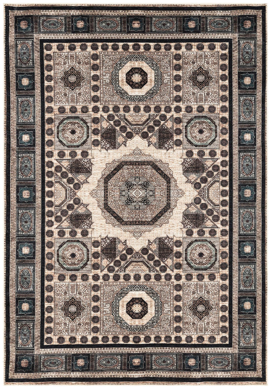 Tiderug Machine Washable Rugs, Beige / Indigo Blue