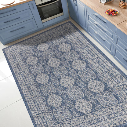 Anatolian medallion outdoor rug under round patio dining table