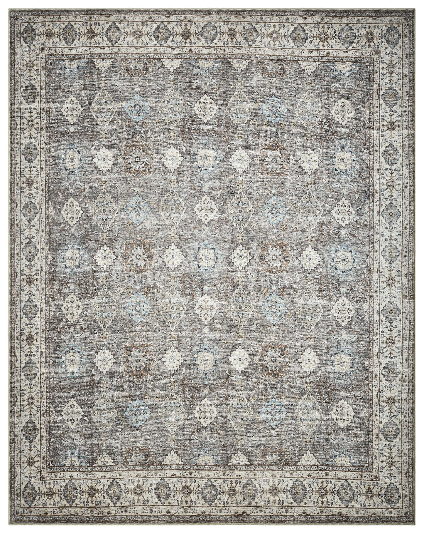 Top-down view of the denim blue and cream antique Oushak Turkish rug