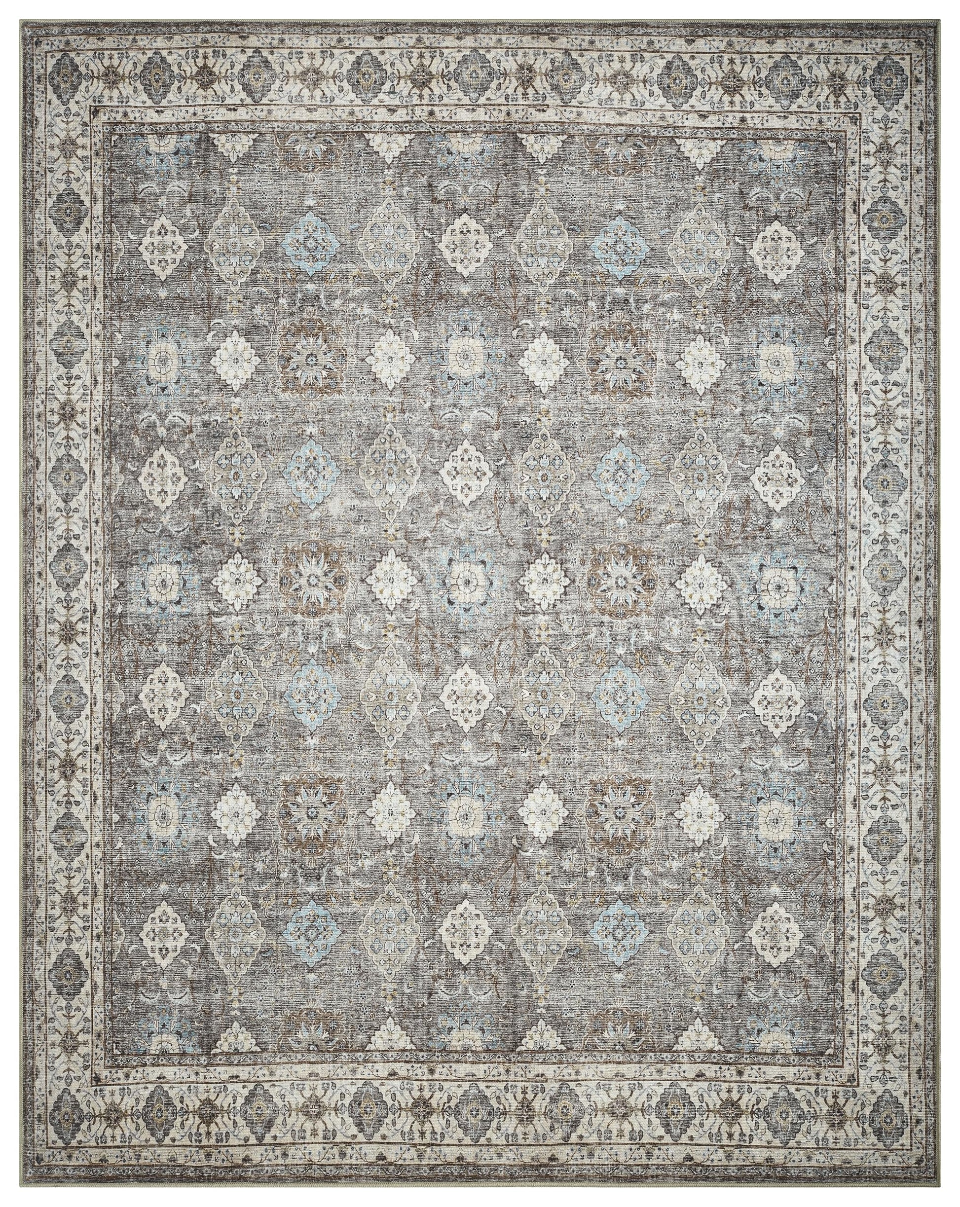 Top-down view of the denim blue and cream antique Oushak Turkish rug