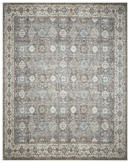 Top-down view of the denim blue and cream antique Oushak Turkish rug