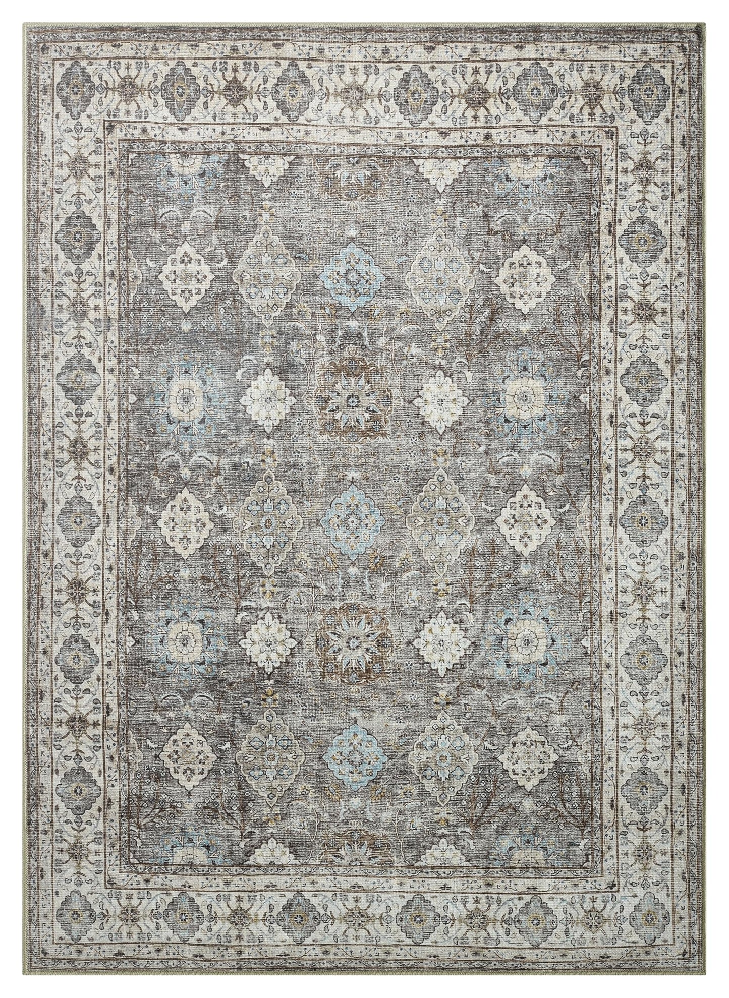 Antique Oushak Turkish area rug in denim blue and cream with large-scale floral design