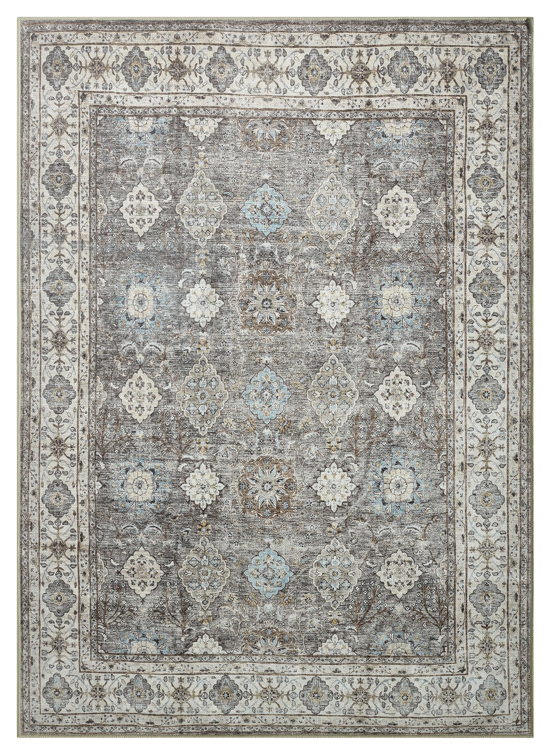 Antique Oushak Turkish area rug in denim blue and cream with large-scale floral design