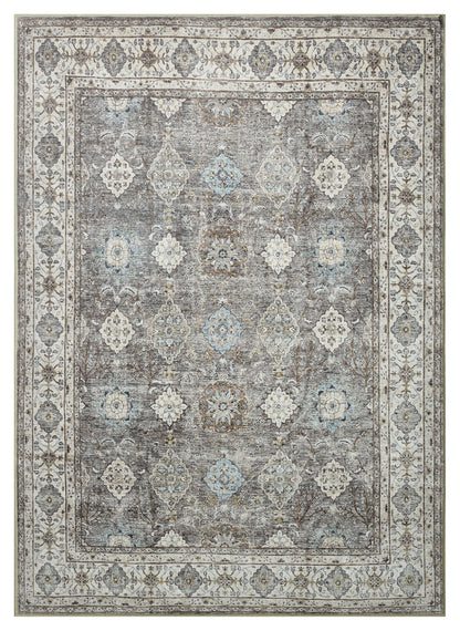 Antique Oushak Turkish area rug in denim blue and cream with large-scale floral design