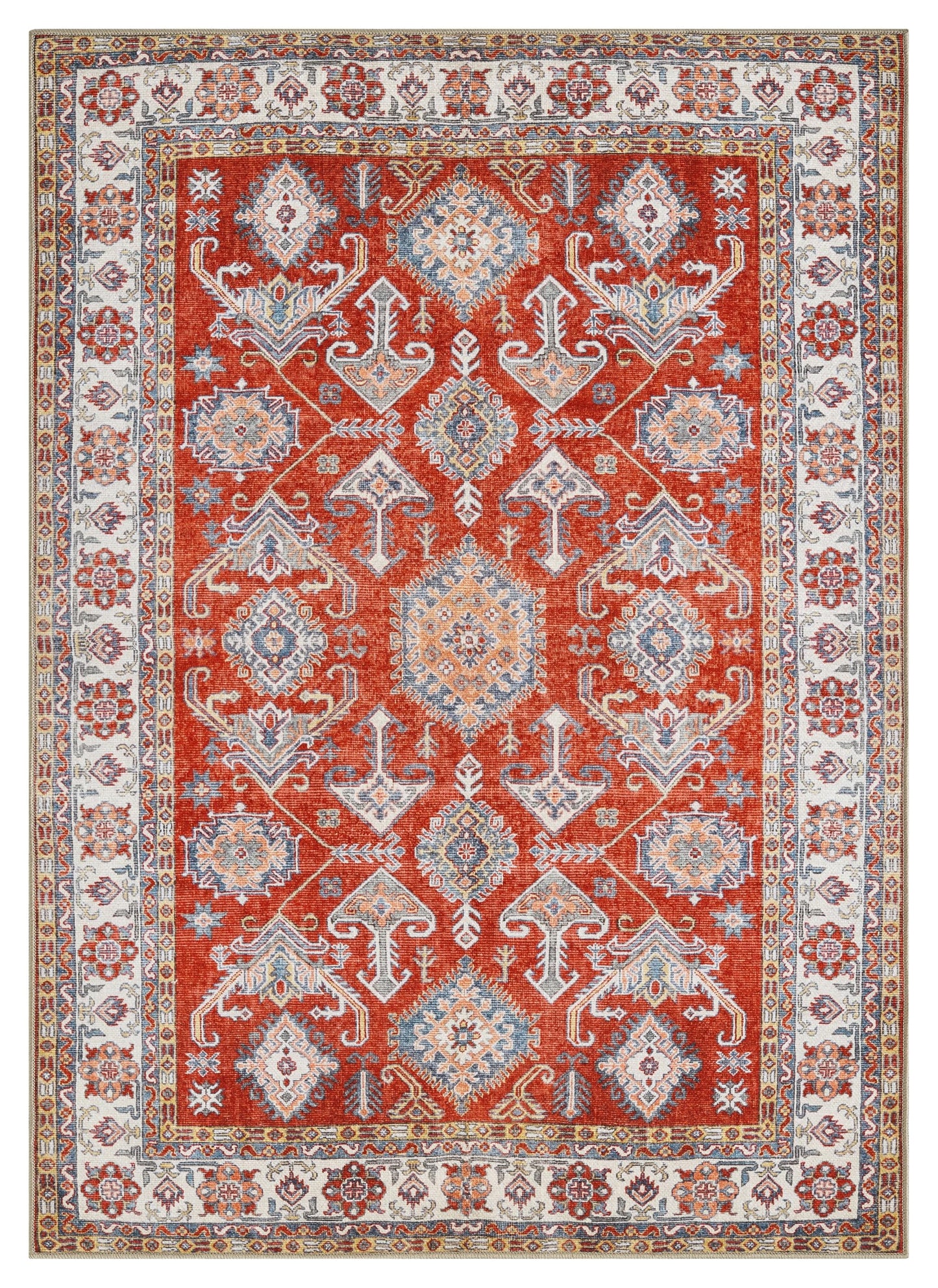 Antique Caucasian Kazak area rug in red and cream with geometric tribal design