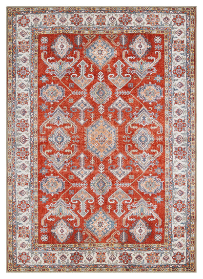 Antique Caucasian Kazak area rug in red and cream with geometric tribal design