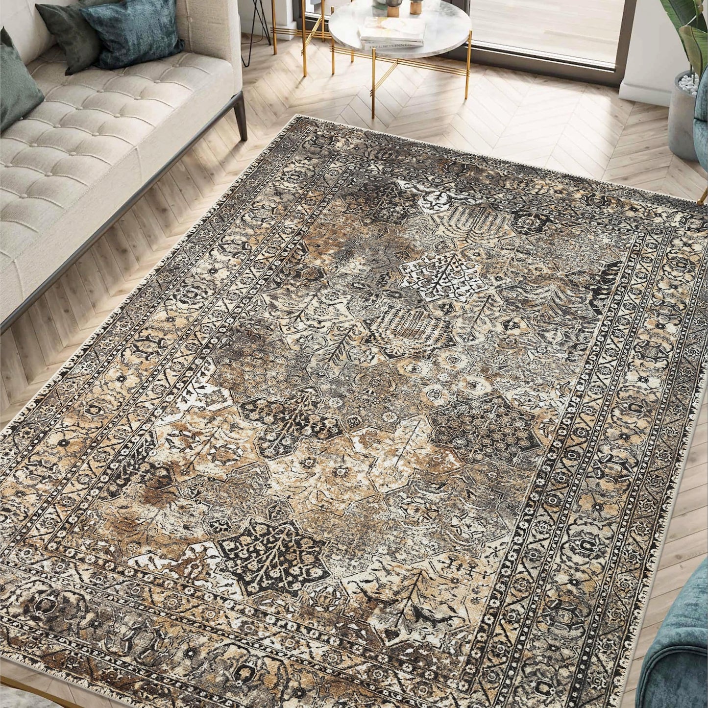 Anthracite Persian garden rug styled in a modern living room