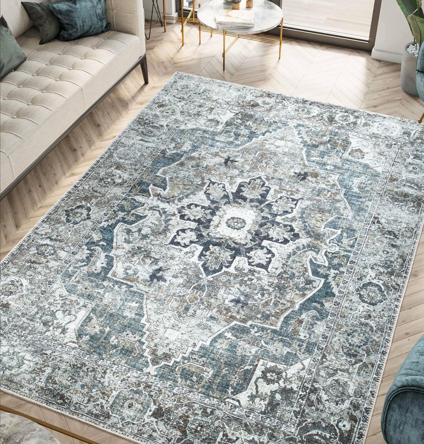 Ivory Agra rug styled in a designer warm-traditional living room