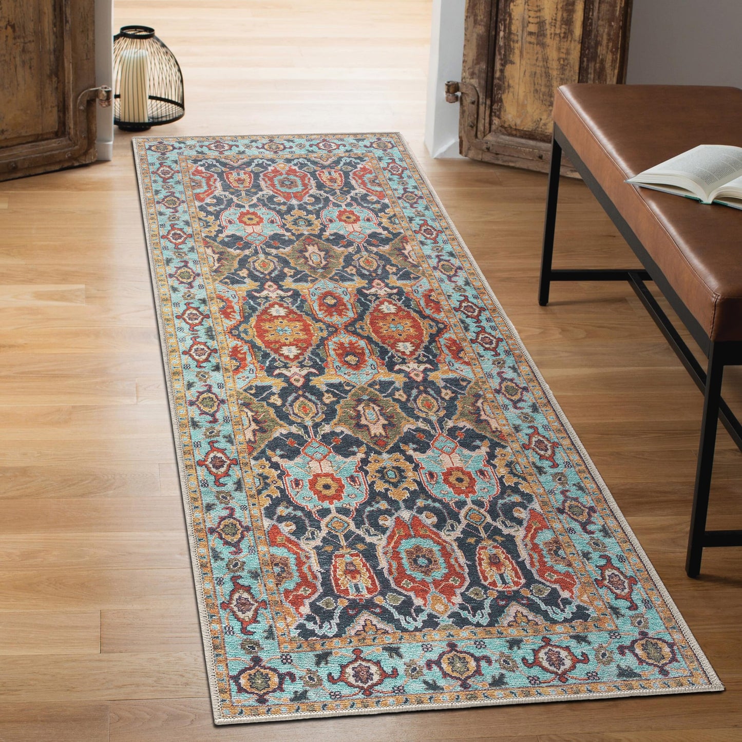 Close-up of the Tabriz scalloped medallion in cream and saffron